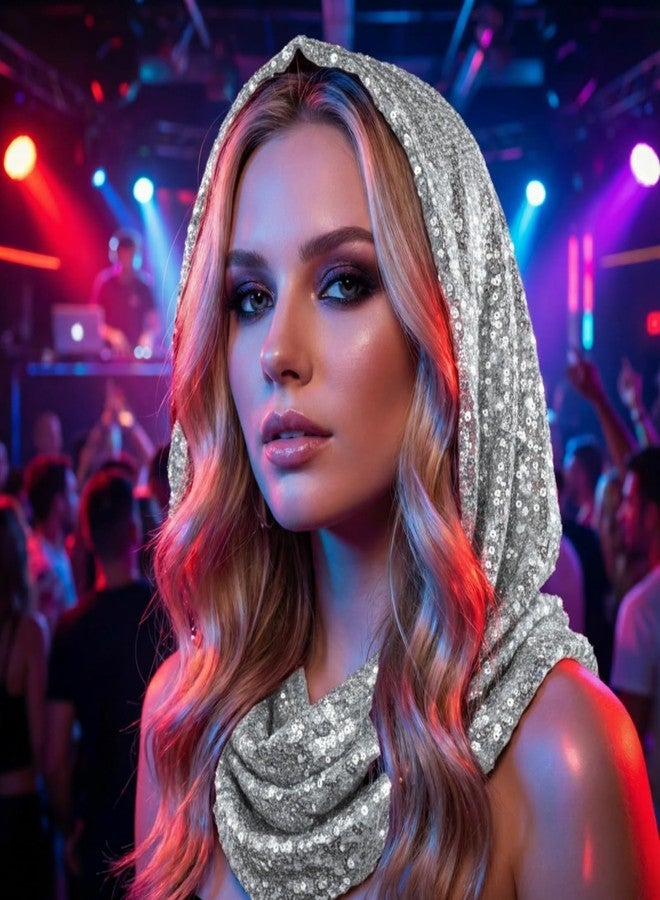 Simlakey Sequin Rave Hood Rave Scarf Outfit Accessories for Women Glitter Hooded Head Scarf for Halloween Concert Costume(Silver) - Image 2